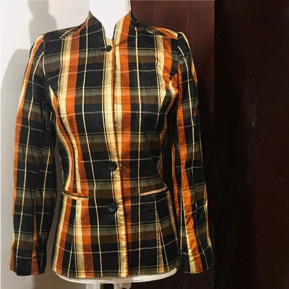 VINTAGE SILK WOVEN PLAID THIN JACKET BLACK METALLIC GOLD EXTRA SMALL - Picture 2 of 7